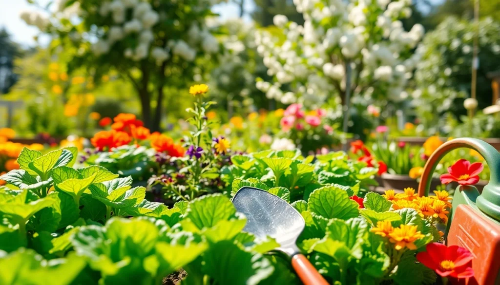 Engaging gardening scene showcasing vibrant plants and flowers in a thriving environment.