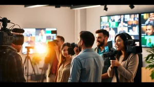 Captivating teamwork scene at a Creative Video Production Agency, emphasizing collaboration in a bright studio.