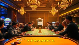 THABET casino table with vibrant games, colorful chips, and excited players in a luxurious setting.