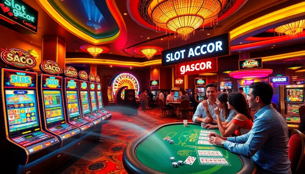 Gamblers enjoying Slot Gacor games at an exciting casino, surrounded by colorful machines and chips.