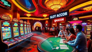 Gamblers enjoying Slot Gacor games at an exciting casino, surrounded by colorful machines and chips.