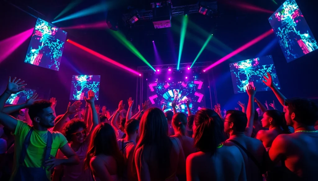 Experience the vibrant energy of a Miami rave with joyful partygoers dancing under colorful lights.