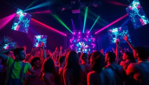 Experience the vibrant energy of a Miami rave with joyful partygoers dancing under colorful lights.