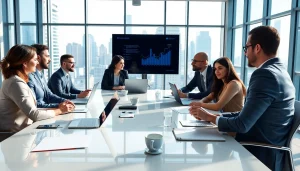 Engage in a business meeting showcasing professionals collaborating in a modern office environment.