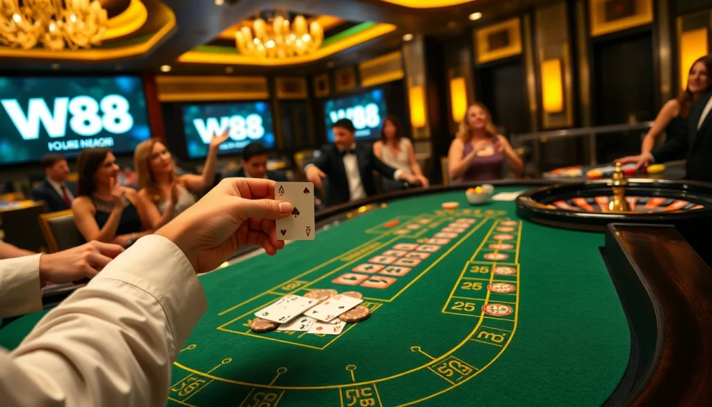 Trải nghiệm cảm giác cá cược tại W88 Link với cảnh casino sống động và những người chơi đang tham gia.