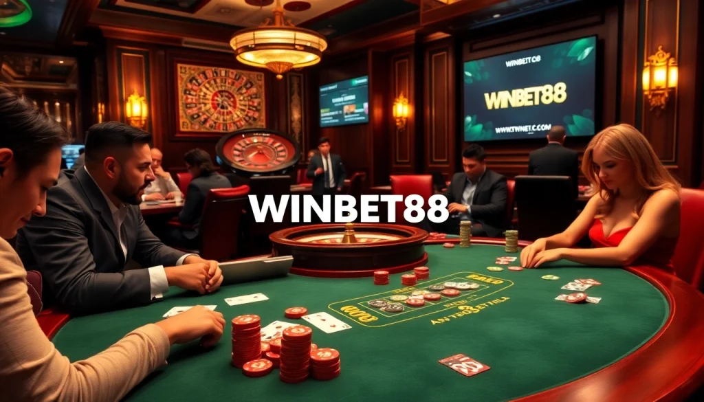 Experience the excitement of WINBET88 with players engaged in casino games at a luxurious poker table.
