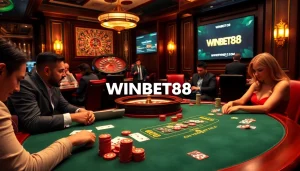 Experience the excitement of WINBET88 with players engaged in casino games at a luxurious poker table.