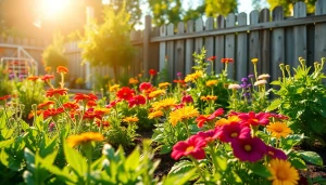 Gardening in a vibrant home garden with diverse flowers and vegetables showcasing natural beauty.