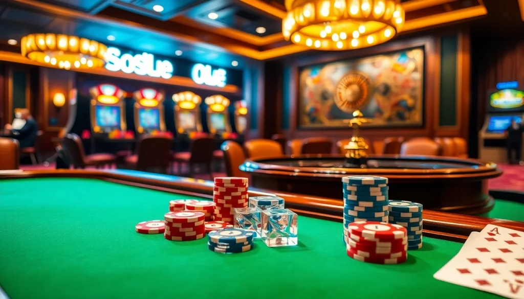 Engaging scene of luxury casino showcasing Nhà Cái Uy Tín elements with poker chips and roulette.