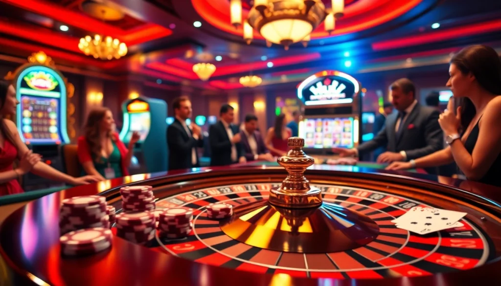 KJC casino scene featuring a roulette table, poker chips, and excited players, capturing the thrill of gambling.