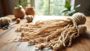 Jute fibers displayed elegantly on a wooden table, showcasing their texture.