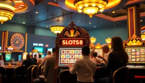 SLOTS8 players enjoying an exhilarating experience at a luxurious casino slot machine.