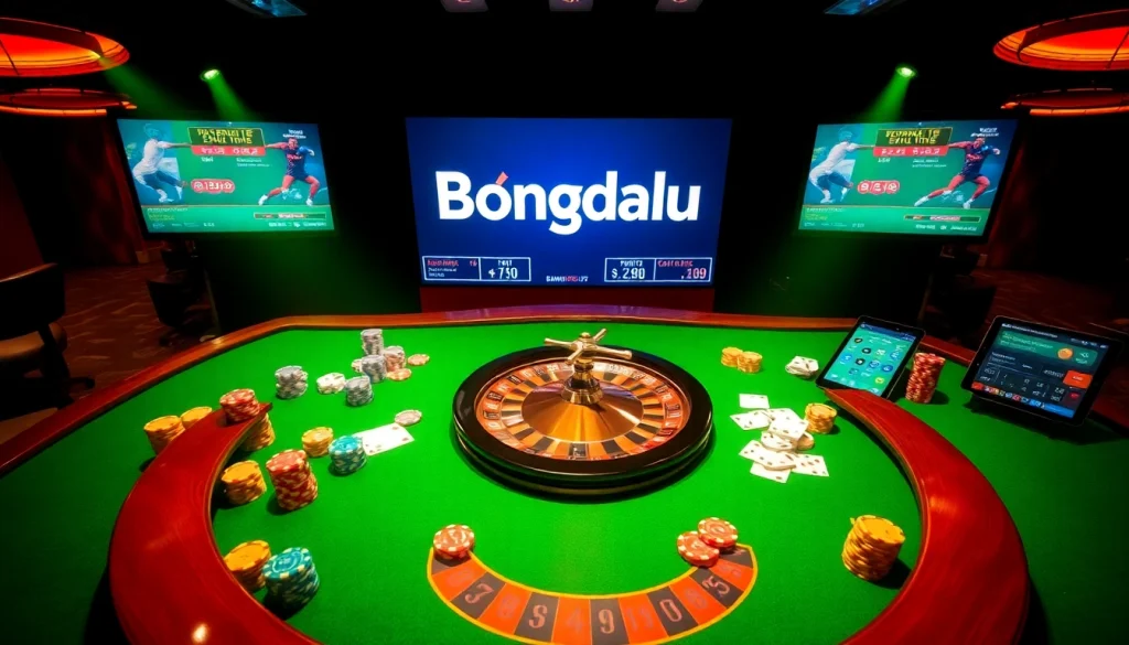 Bongdalu logo displayed on a digital screen surrounded by a lively casino table with cards and chips.