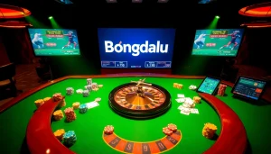 Bongdalu logo displayed on a digital screen surrounded by a lively casino table with cards and chips.