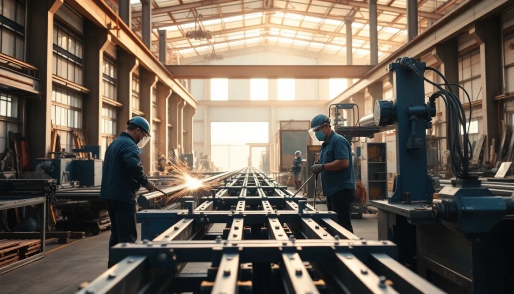 Craftsmen executing structural steel fabrication in a vibrant workshop setting with advanced machinery.