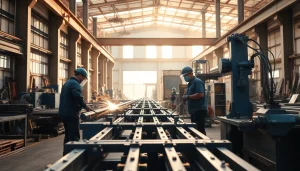 Craftsmen executing structural steel fabrication in a vibrant workshop setting with advanced machinery.