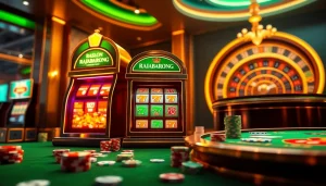 Experience winning excitement with RAJABARONG slot machine in a luxurious casino scene.