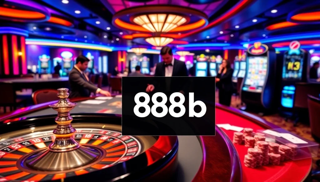 Experience action-packed gambling with 888b at a vibrant casino table featuring roulette and poker.