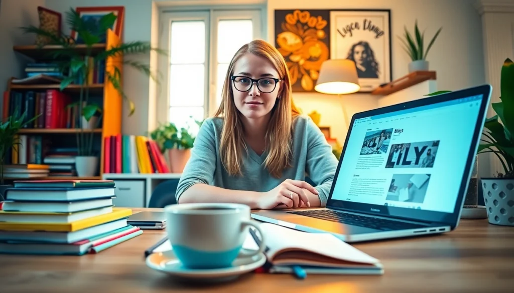 A blogger creating a UK Blog post in a cozy home office filled with vibrant books.