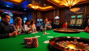 MM88 casino table with players placing bets and vibrant poker chips.
