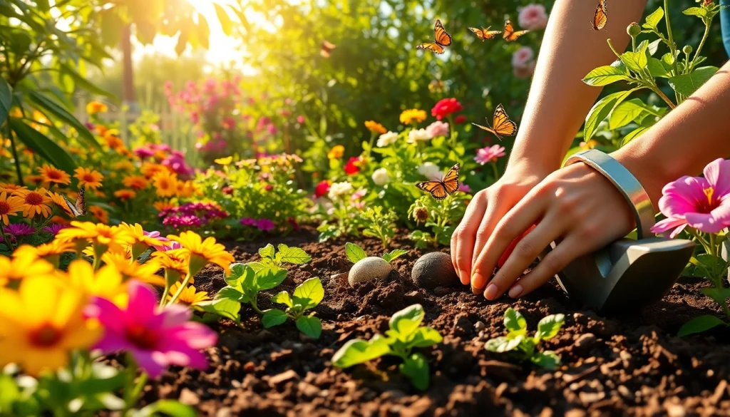Gardening in a vibrant backyard with colorful plants and soil for planting.