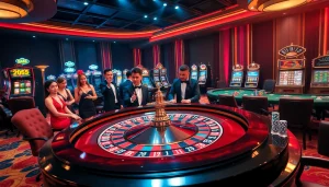 Experience the excitement of link mới w88 at a luxurious casino with a roulette table and poker players.