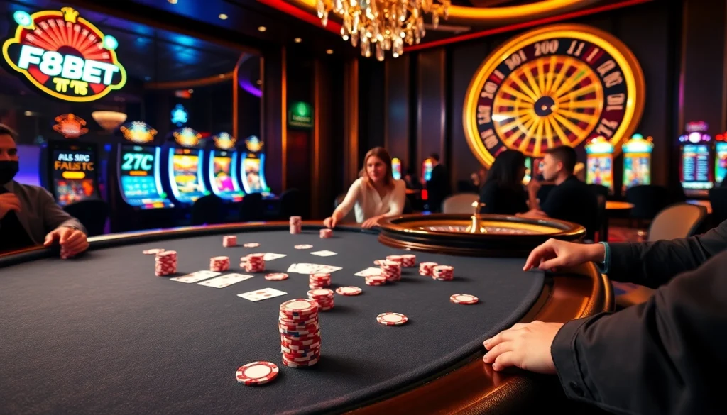 F8BET players engaging in high-stakes poker at a luxury casino table with vibrant chips.