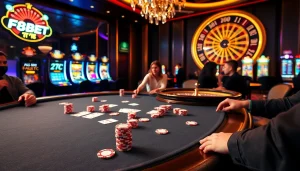 F8BET players engaging in high-stakes poker at a luxury casino table with vibrant chips.