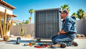 Technician servicing Scottsdale AC unit amidst a bright Arizona landscape.