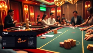 Players enjoying an exhilarating moment at F8bet's luxurious casino table, featuring vibrant cards and chips.