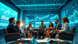 Professional setting illustrating td web business banking with businesspeople discussing finance.