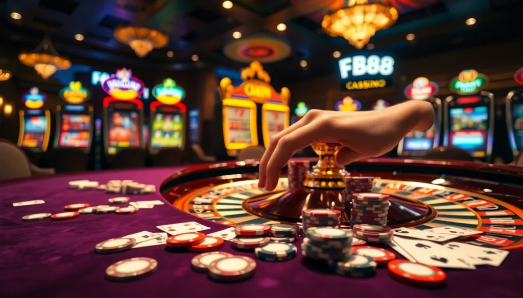 Experience the thrill of betting at https://fb88b.net/ with poker chips and a roulette wheel.