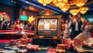 Nổ Hũ slot machine in a luxurious casino environment with vibrant chips and excited players.