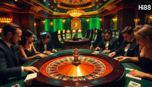 Hi88 casino scene with players at a roulette table and vibrant gaming elements.