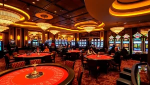 Experience the excitement of MM88 at a luxurious casino, featuring poker tables and vibrant slot machines.