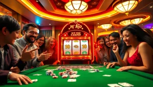Players enjoying the excitement of nổ hũ at a luxurious casino slot machine.