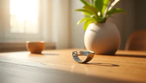 Showcasing the sleek design of ringconn smart ring on a wooden table with natural lighting.