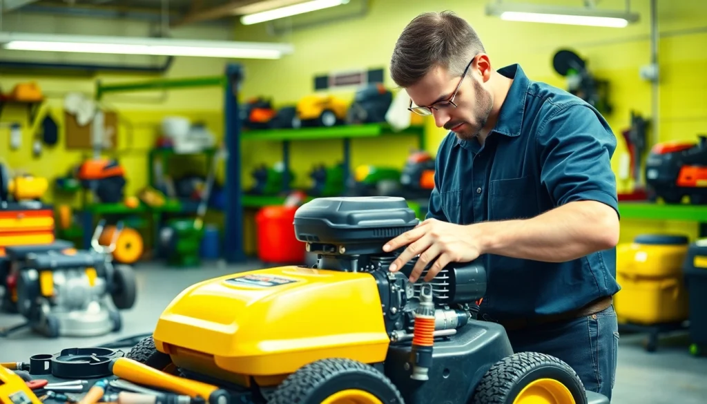 Technician performing small engine repair on a lawn mower in a bright workshop.