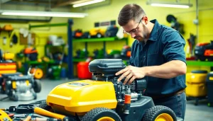 Technician performing small engine repair on a lawn mower in a bright workshop.