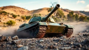 RC tank navigating rugged terrain with realistic details in action.