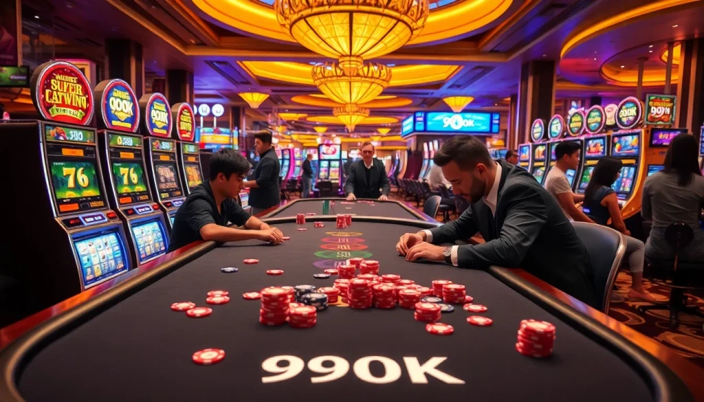 Exhilarating poker game action at 99OK casino with vibrant slot machines and luxury ambiance.