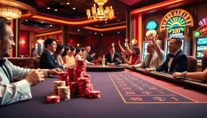 Players at MMOO casino table placing bets with poker chips and roulette wheel in view.