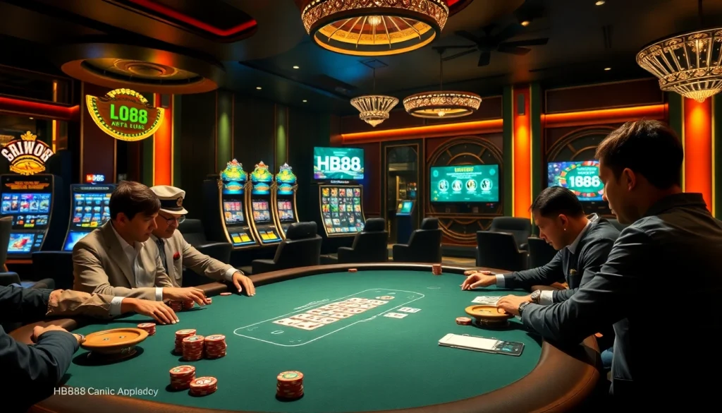 HB88 players engaging at a high-stakes poker table in a vibrant casino scene.