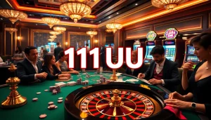 Join the excitement at a casino table featuring 11UU poker chips and a roulette wheel.