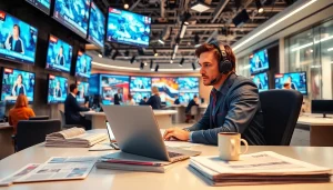 تغطية إمارات نيوز داي. صحفي يعمل في غرفة الأخبار، محاط بشاشات تعرض الأخبار العاجلة.