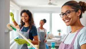 Engaged cleaning service team efficiently tidying a modern home with eco-friendly products.