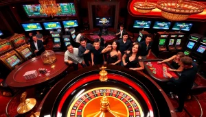 Players enjoying their time at https://go8vn.bio with roulette and slot machines in a luxurious casino atmosphere.