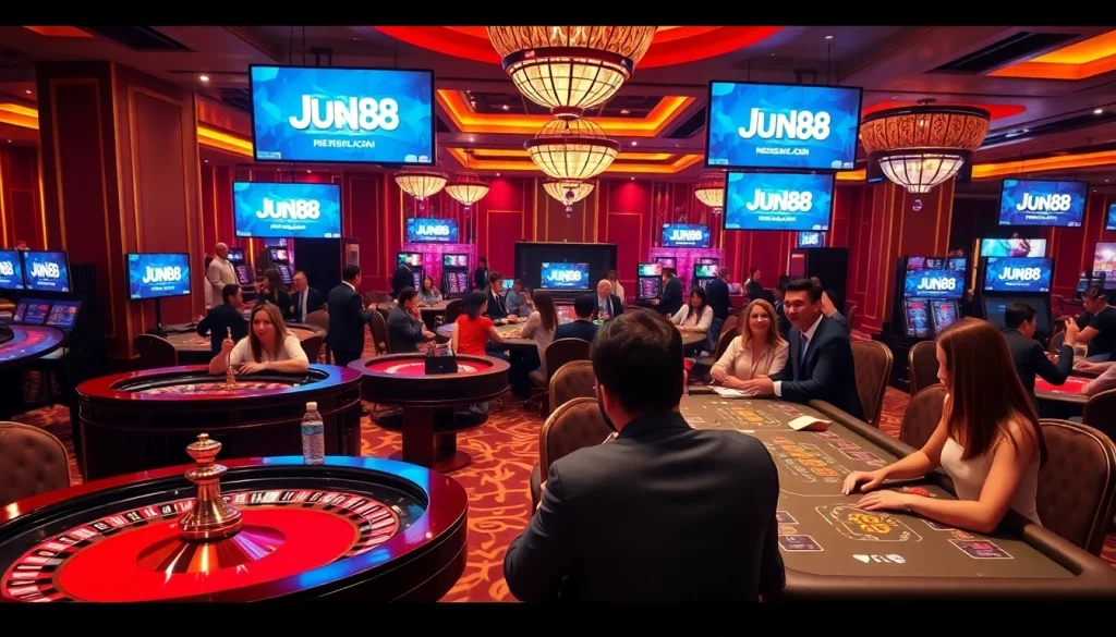 Experience the thrill of gambling at Jun88 with vibrant table games and joyful players.