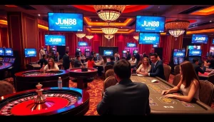 Experience the thrill of gambling at Jun88 with vibrant table games and joyful players.