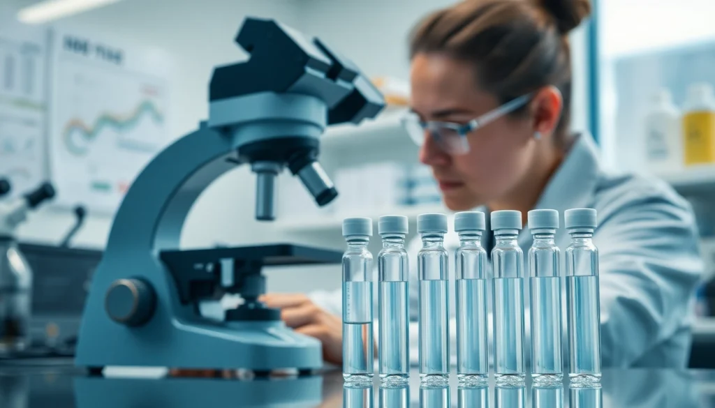 Buy research peptides online in a modern lab setting with researcher and quality peptide vials.